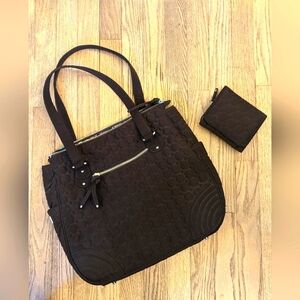 Vera Bradley Brown Quilted Tote 13"x16" and Matching Wallet